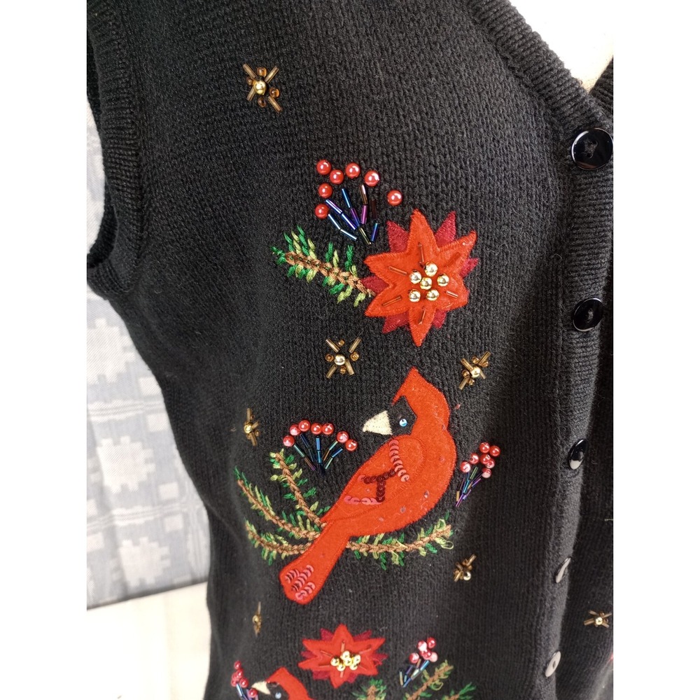 KIM ROGERS CARDINAL CHRISTMAS VEST WOMENS LARGE EMBROIDERED AND BEADED SLEEVELES - Picture 7 of 11
